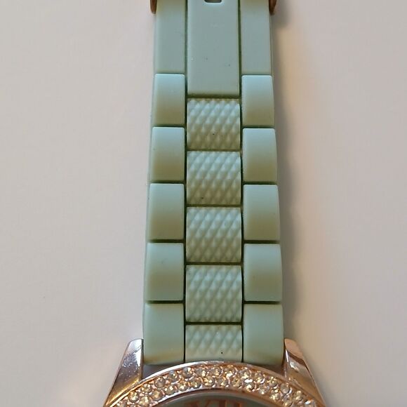 XOXO Women's Rhinestone Accented Rose Gold Watch With Green Silicone Strap - Picture 10 of 14